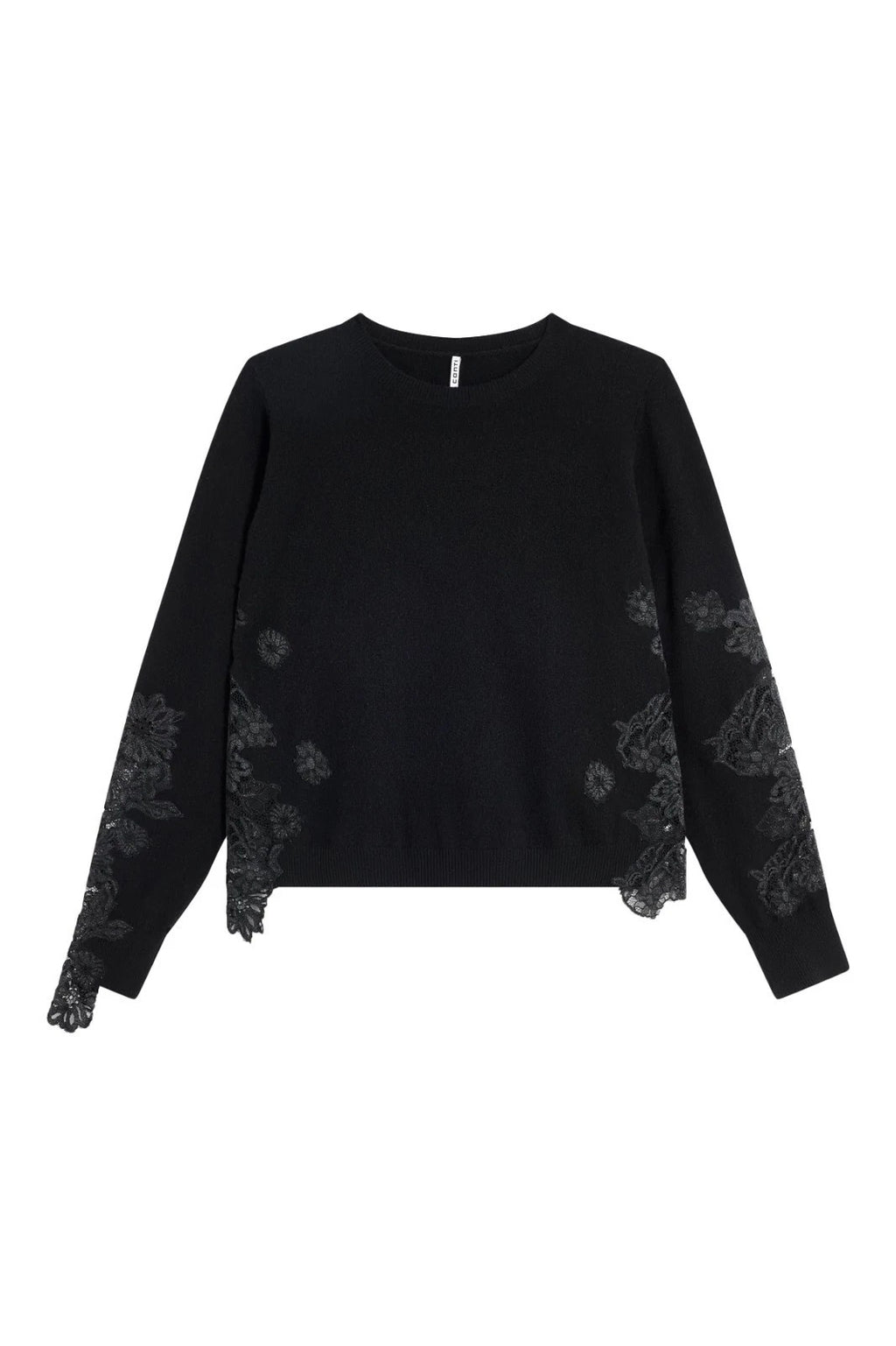 LIVIANA CONTI F5WG96 FAITH – Maglia 100% lana nera con inserti in pizzo (maniche & fianchi)