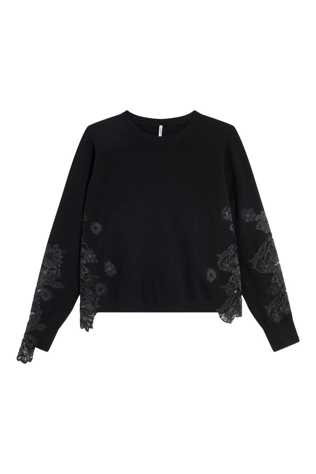 LIVIANA CONTI F5WG96 FAITH – Maglia 100% lana nera con inserti in pizzo (maniche & fianchi)