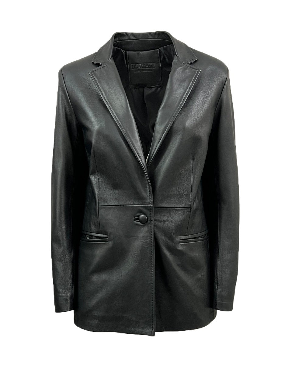 HERITAGE MP126-NP – Giacca donna in pelle nappa nera, 1 bottone, tasche a filetto (68 cm) – Made in Italy