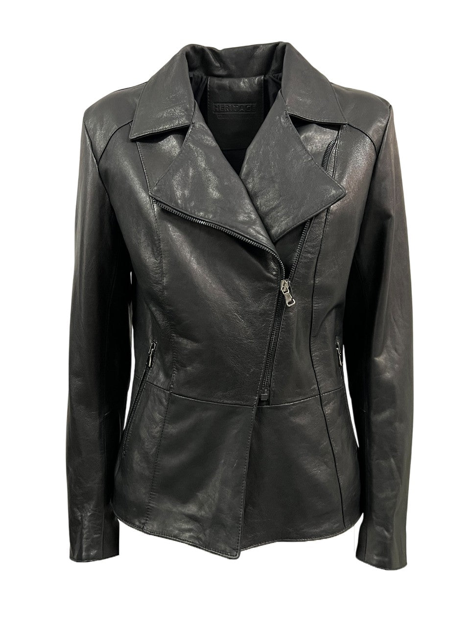 HERITAGE MP062-NT – Giacca biker donna in pelle nappa nera, zip laterale (slim 58 cm) – Made in Italy