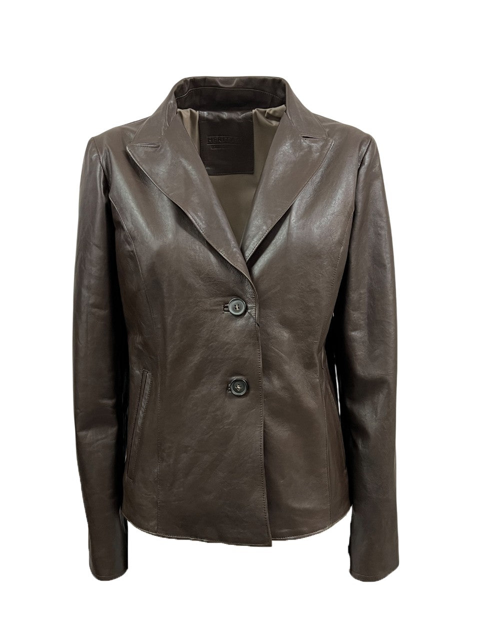 HERITAGE MP165-NT – Giacca/blazer donna in pelle nappa marrone, 2 bottoni (59 cm) – Made in Italy
