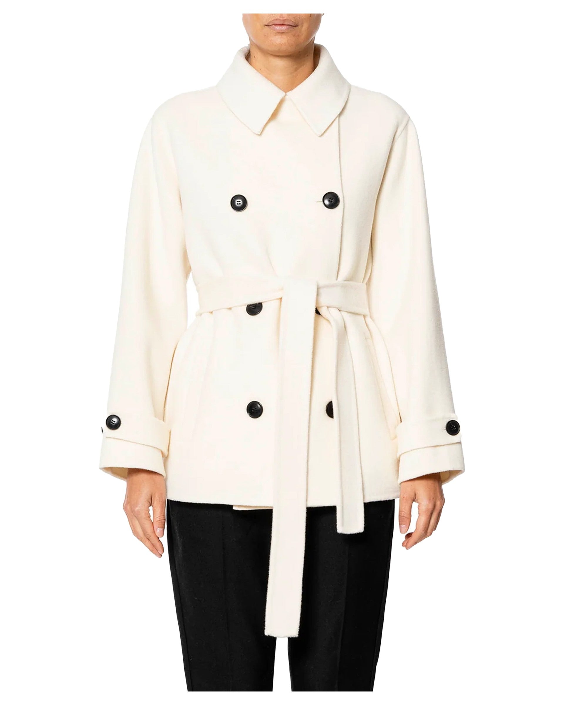 RUE BISQUIT RW1508 giaccone doppiopetto panna 100% lana con cintura – 75 cm