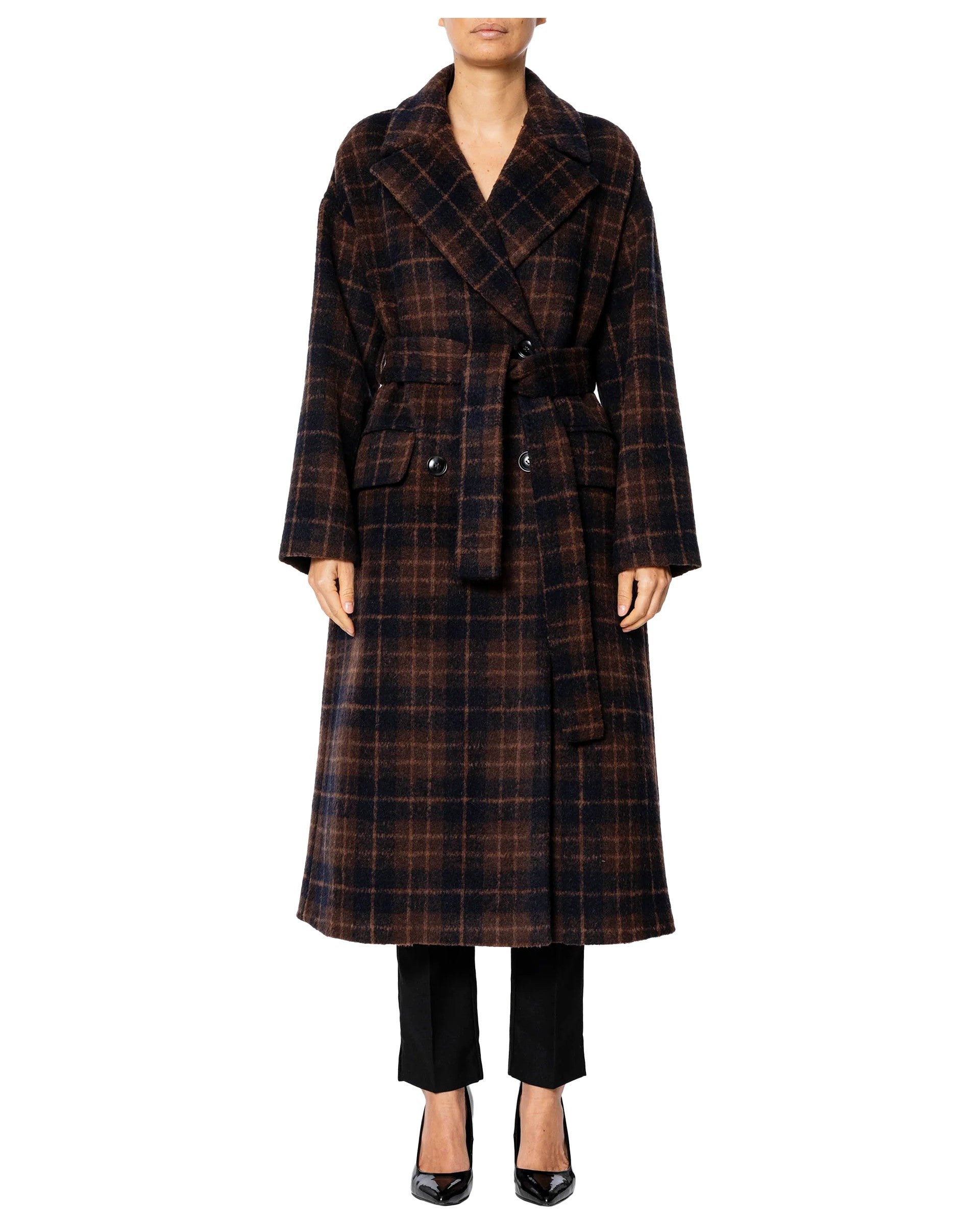 RUE BISQUIT RW1517 cappotto doppiopetto over check marrone/blu con cintura 125 cm