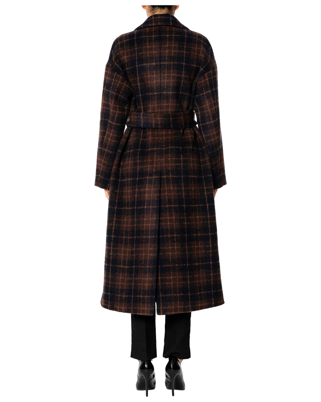 RUE BISQUIT RW1517 cappotto doppiopetto over check marrone/blu con cintura 125 cm