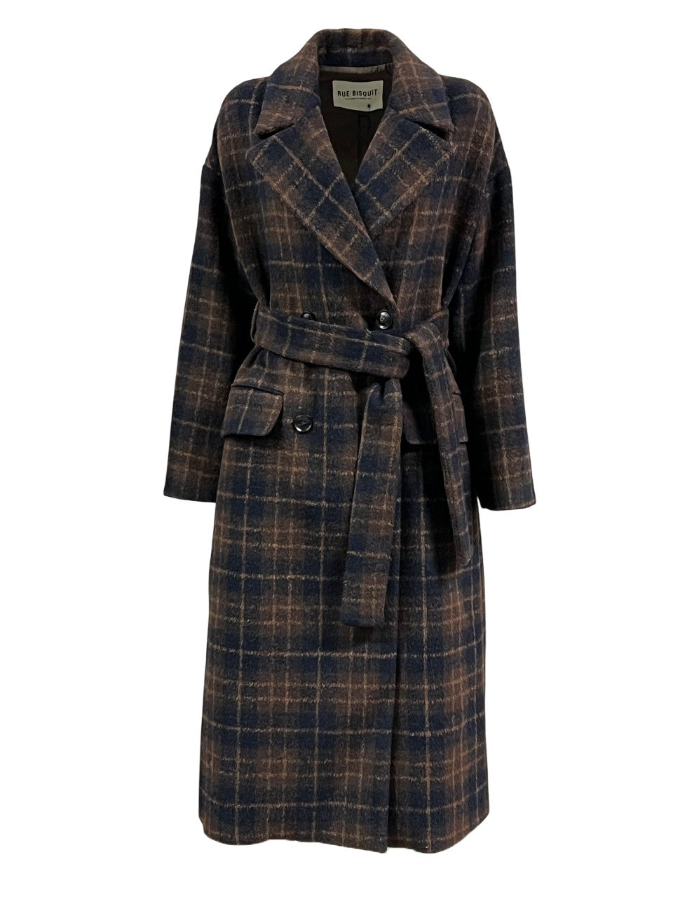 RUE BISQUIT RW1517 cappotto doppiopetto over check marrone/blu con cintura 125 cm