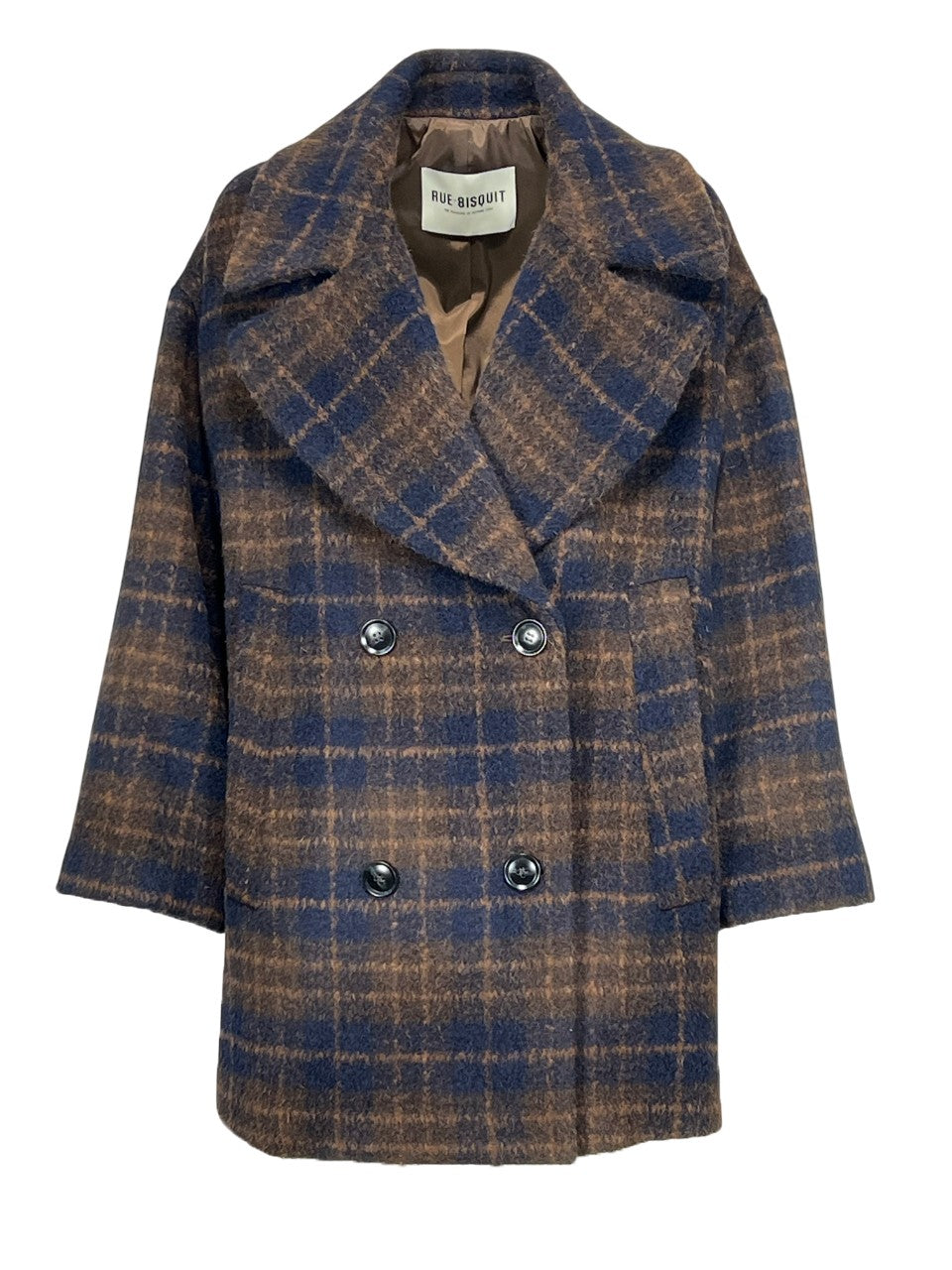 RUE BISQUIT RW1518 giaccone doppiopetto over check marrone/blu – 85 cm