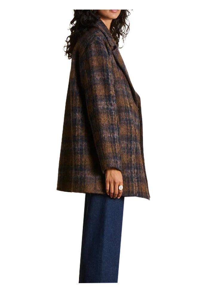 LA FEE MARABOUTEE ENGIE-A giaccone doppiopetto ampio a quadri marrone/blu