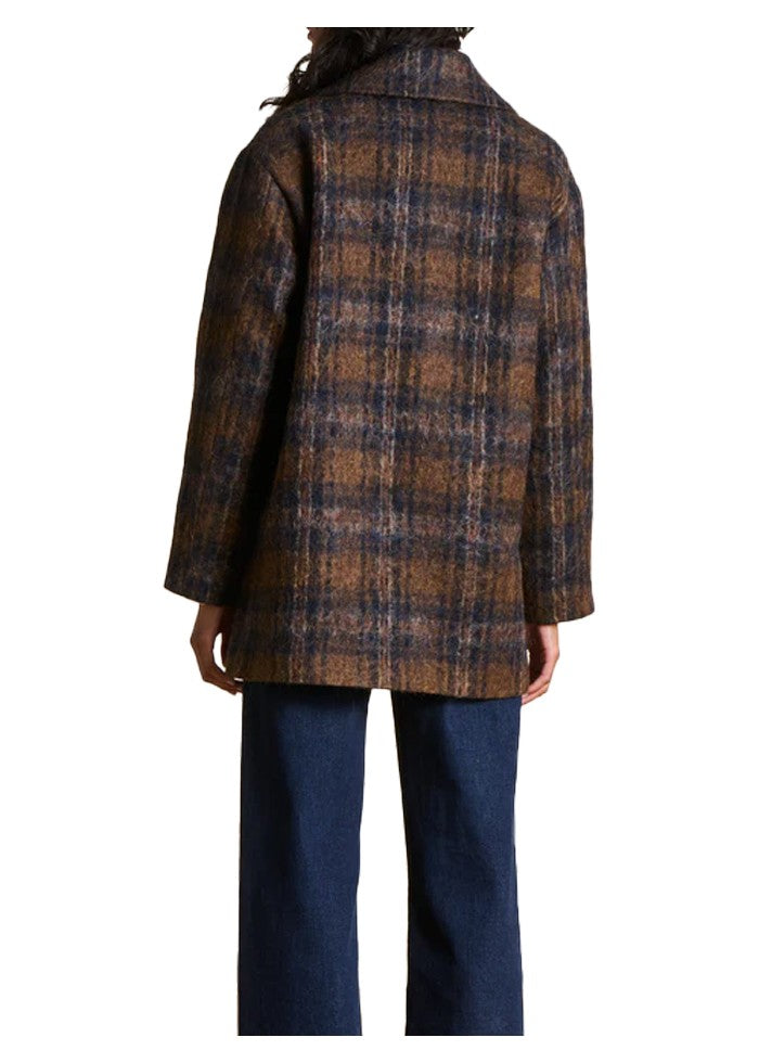 LA FEE MARABOUTEE ENGIE-A giaccone doppiopetto ampio a quadri marrone/blu