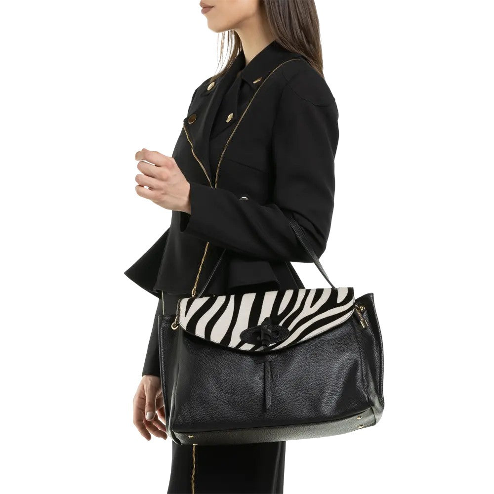 RIPANI CATERINA E281ZO L – Borsa a mano in pelle nera con inserto cavallino (Made in Italy)