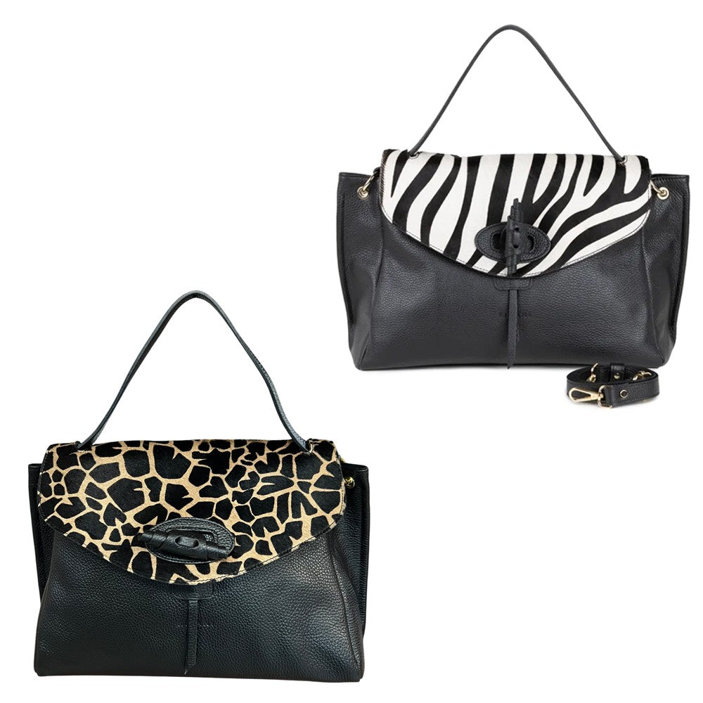 RIPANI CATERINA E281ZO L – Borsa a mano in pelle nera con inserto cavallino (Made in Italy)