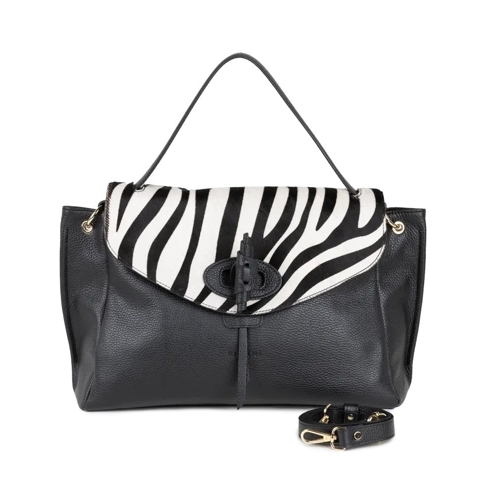 RIPANI CATERINA E281ZO L – Borsa a mano in pelle nera con inserto cavallino (Made in Italy)