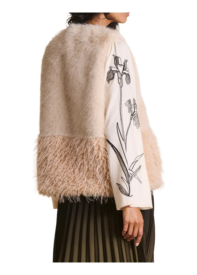 La Fée Maraboutée Gilet Donna in Ecopelliccia Ecru con Balza a Contrasto – EDMA