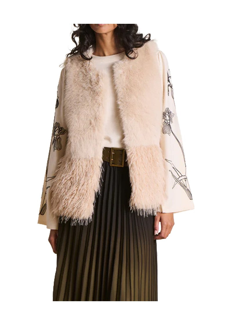 La Fée Maraboutée Gilet Donna in Ecopelliccia Ecru con Balza a Contrasto – EDMA