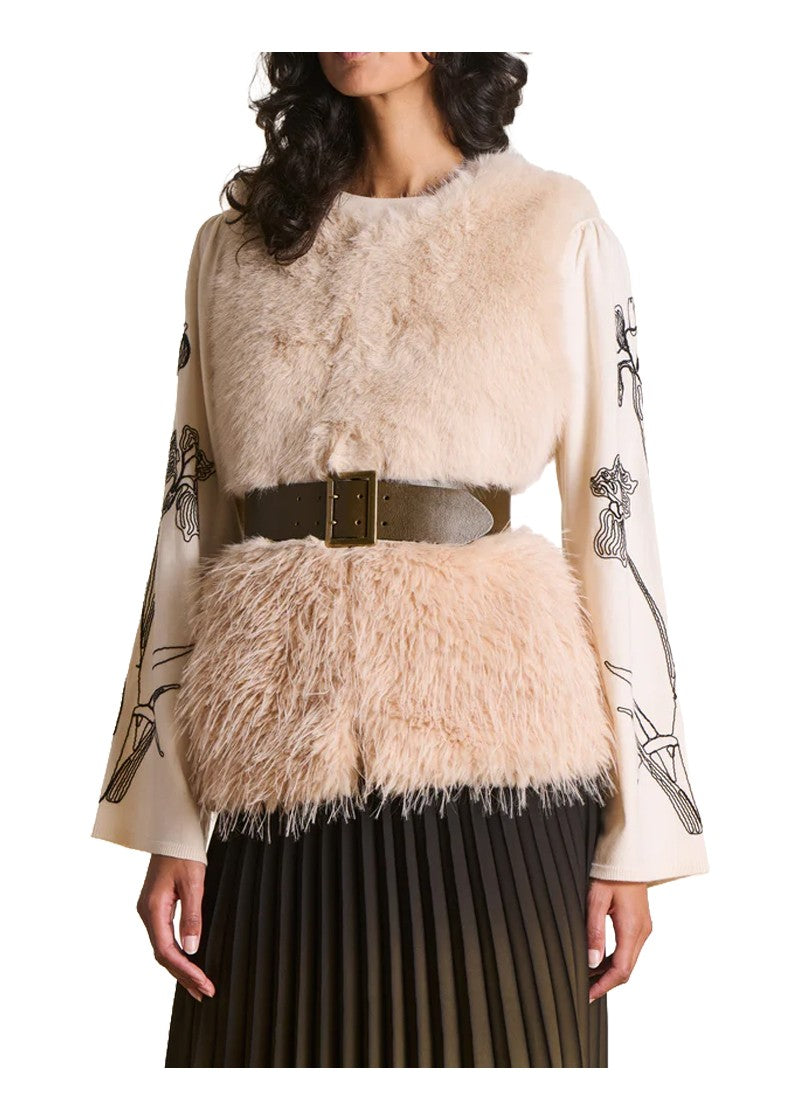 La Fée Maraboutée Gilet Donna in Ecopelliccia Ecru con Balza a Contrasto – EDMA