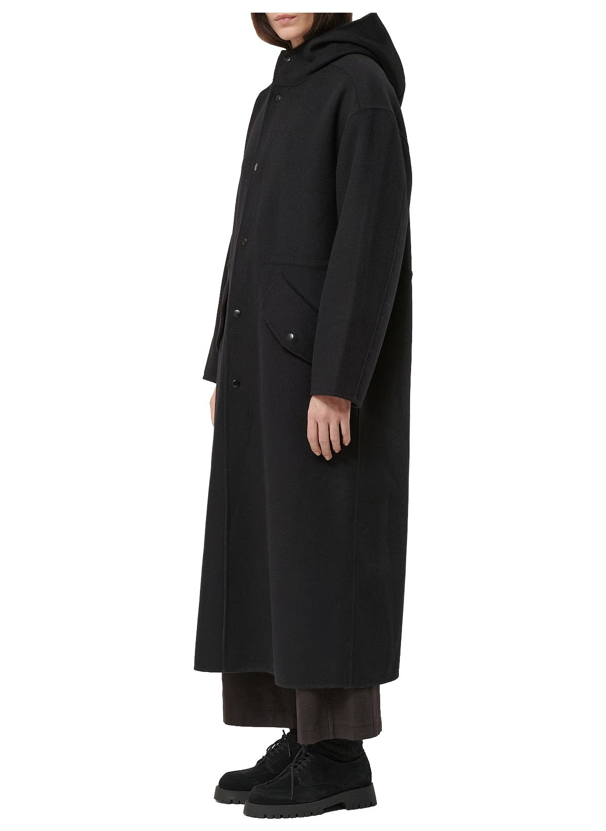 HUMILITY maxi cappotto donna lana bicolore nero marrone cappuccio RCS