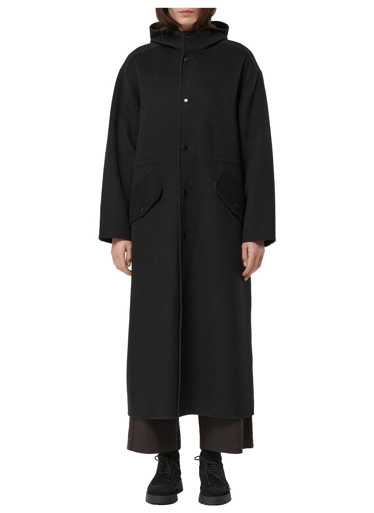 HUMILITY maxi cappotto donna lana bicolore nero marrone cappuccio RCS