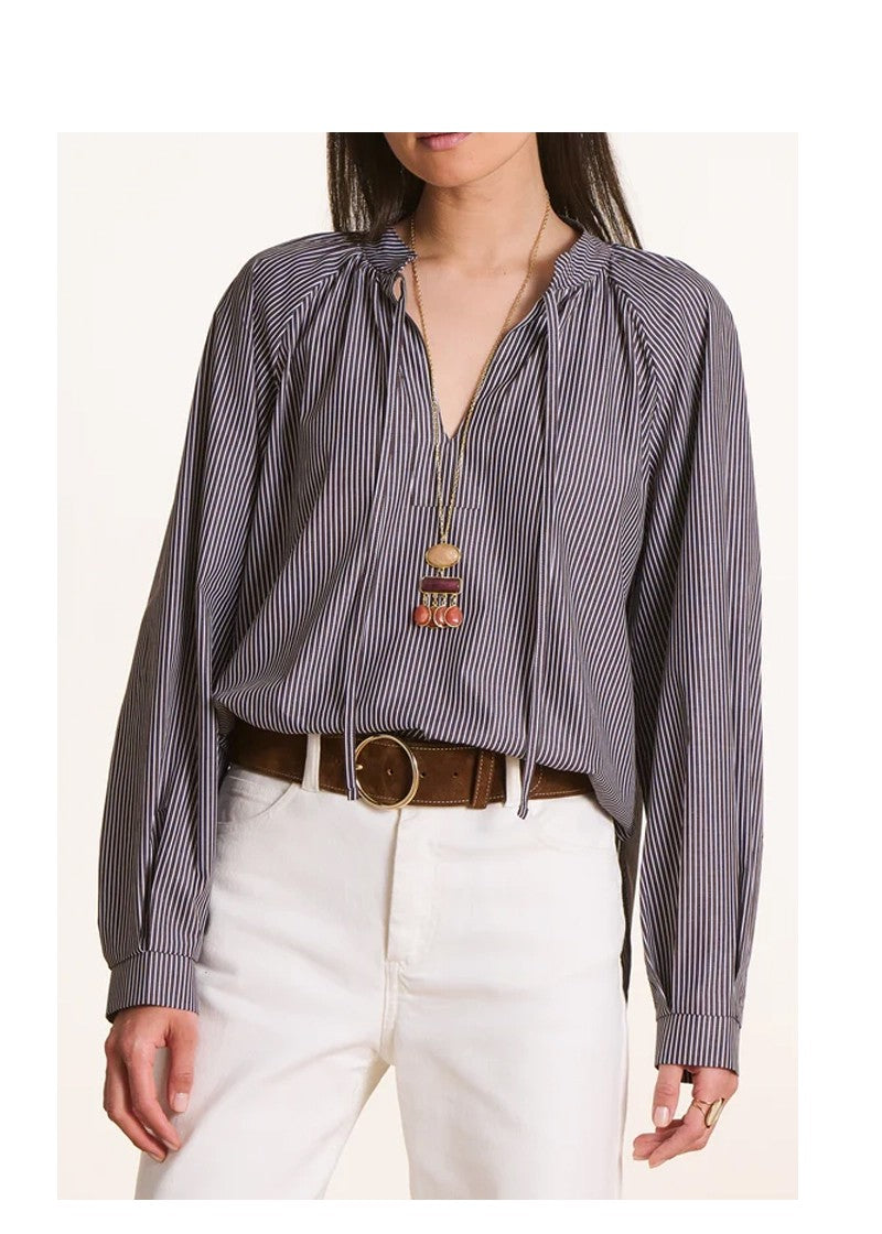 La Fée Maraboutée Blusa Donna in Cotone a Righe Marrone/Bianco con Scollo Tunisino – EVORA-T – Made in Italy