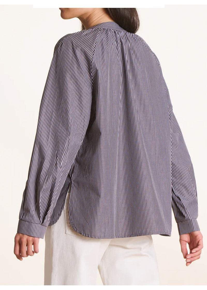 La Fée Maraboutée Blusa Donna in Cotone a Righe Marrone/Bianco con Scollo Tunisino – EVORA-T – Made in Italy