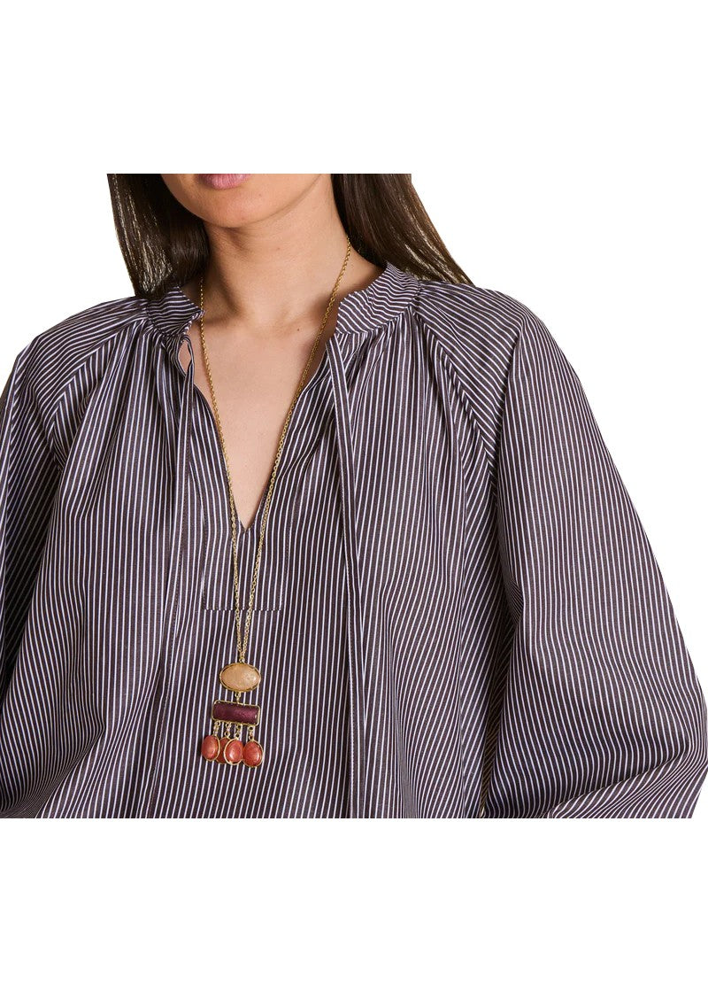 La Fée Maraboutée Blusa Donna in Cotone a Righe Marrone/Bianco con Scollo Tunisino – EVORA-T – Made in Italy