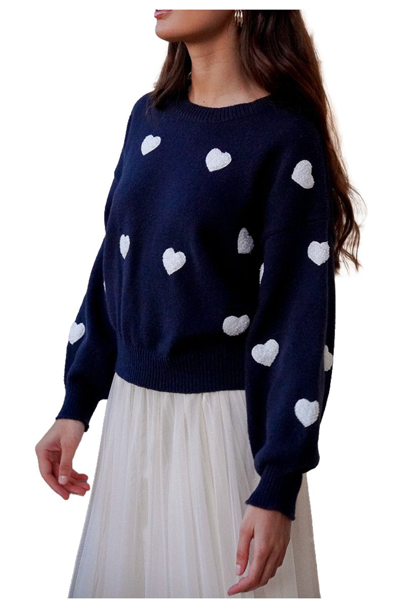 Molly Bracken maglia donna blu cuori panna girocollo LA1828DN