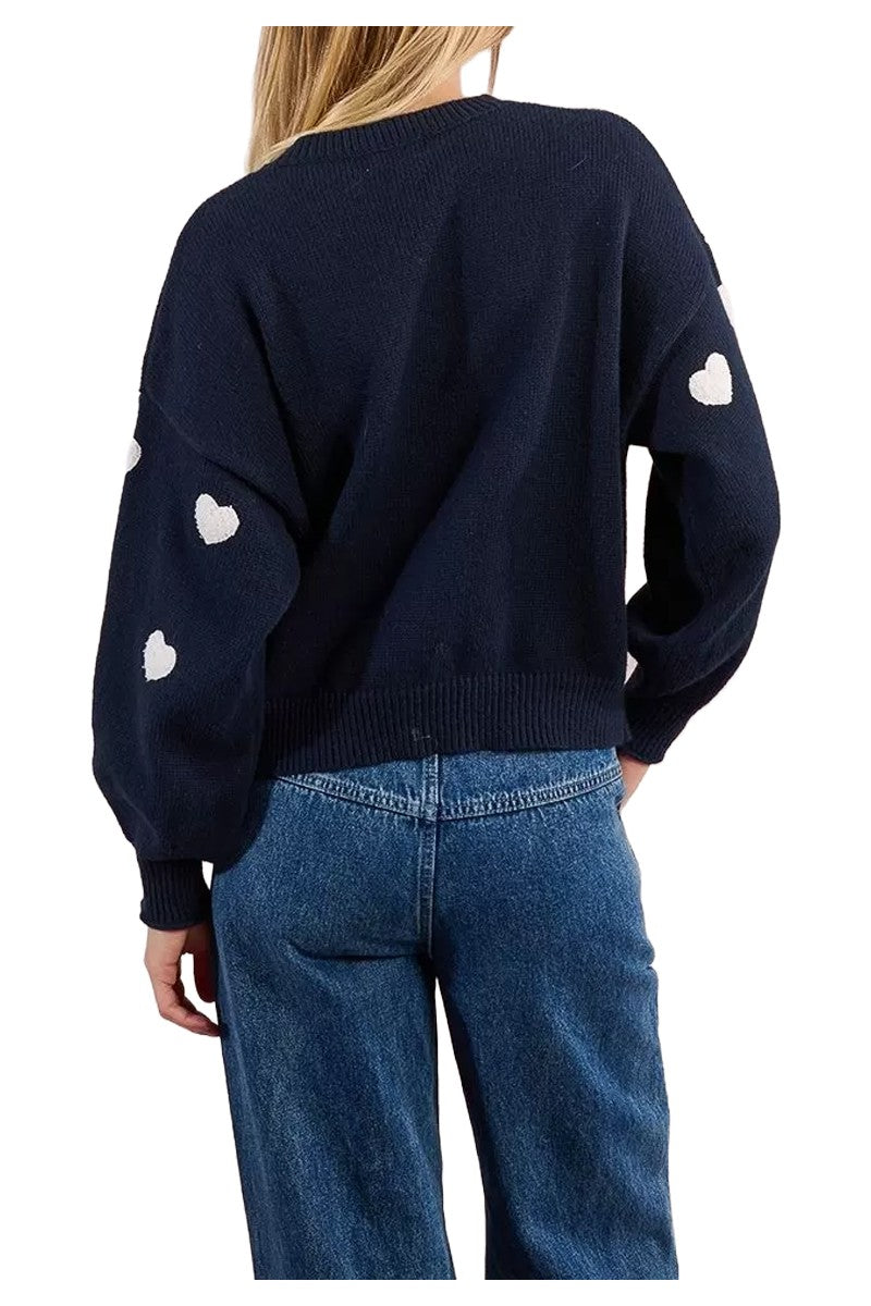 Molly Bracken maglia donna blu cuori panna girocollo LA1828DN