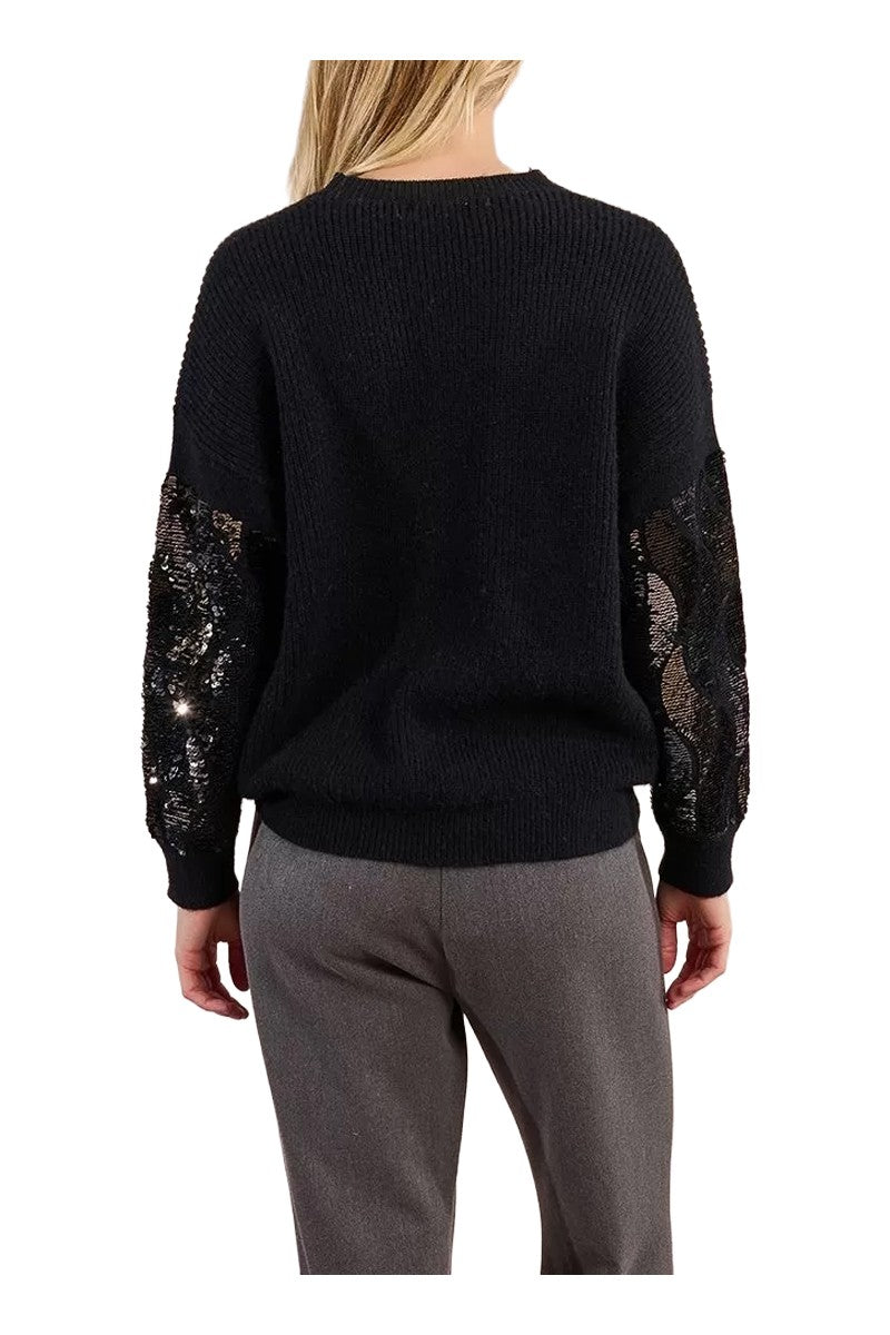 Molly Bracken Maglia Donna Girocollo Nera a Coste con Maniche in Paillettes – LA1816DH