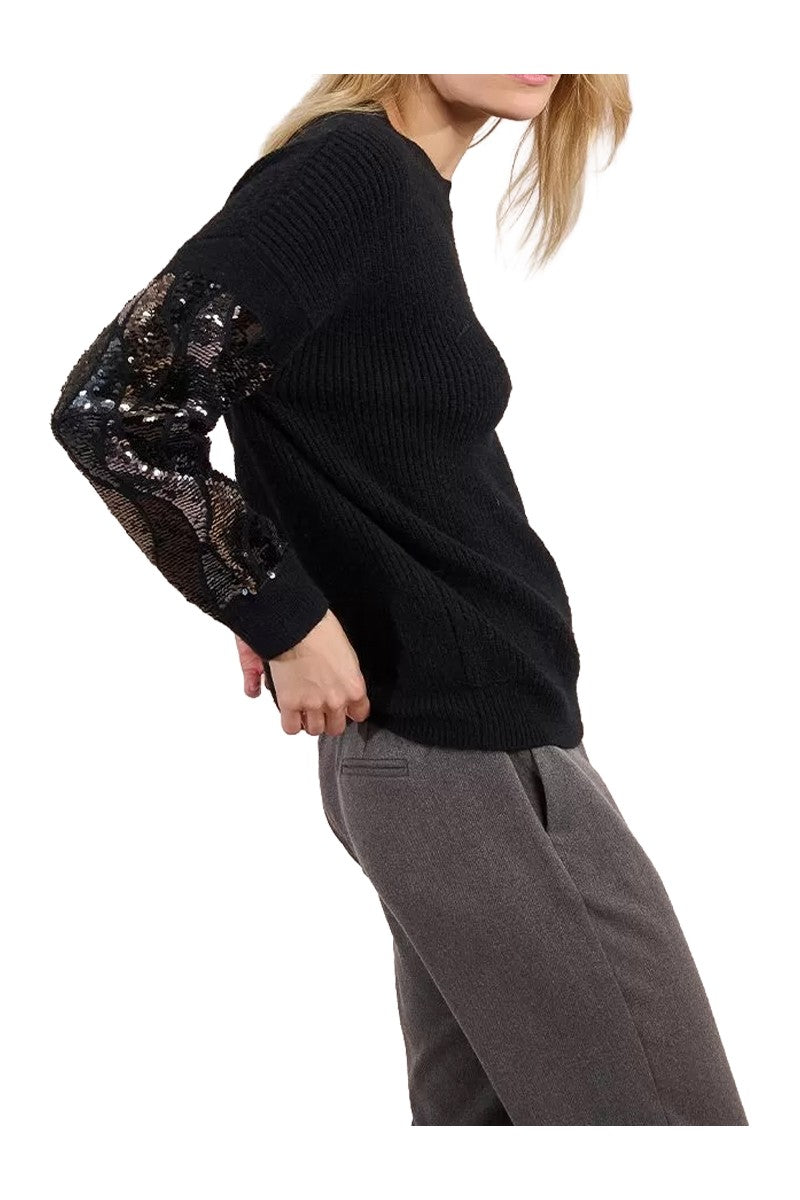 Molly Bracken Maglia Donna Girocollo Nera a Coste con Maniche in Paillettes – LA1816DH