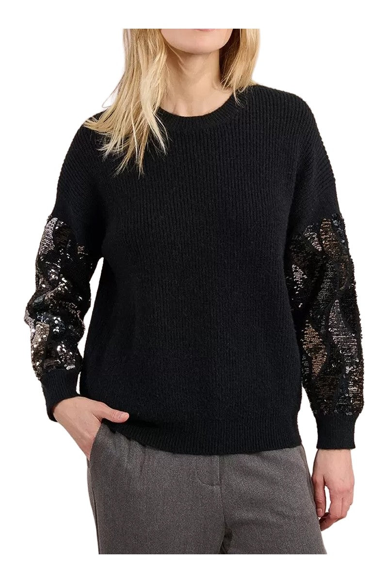 Molly Bracken Maglia Donna Girocollo Nera a Coste con Maniche in Paillettes – LA1816DH