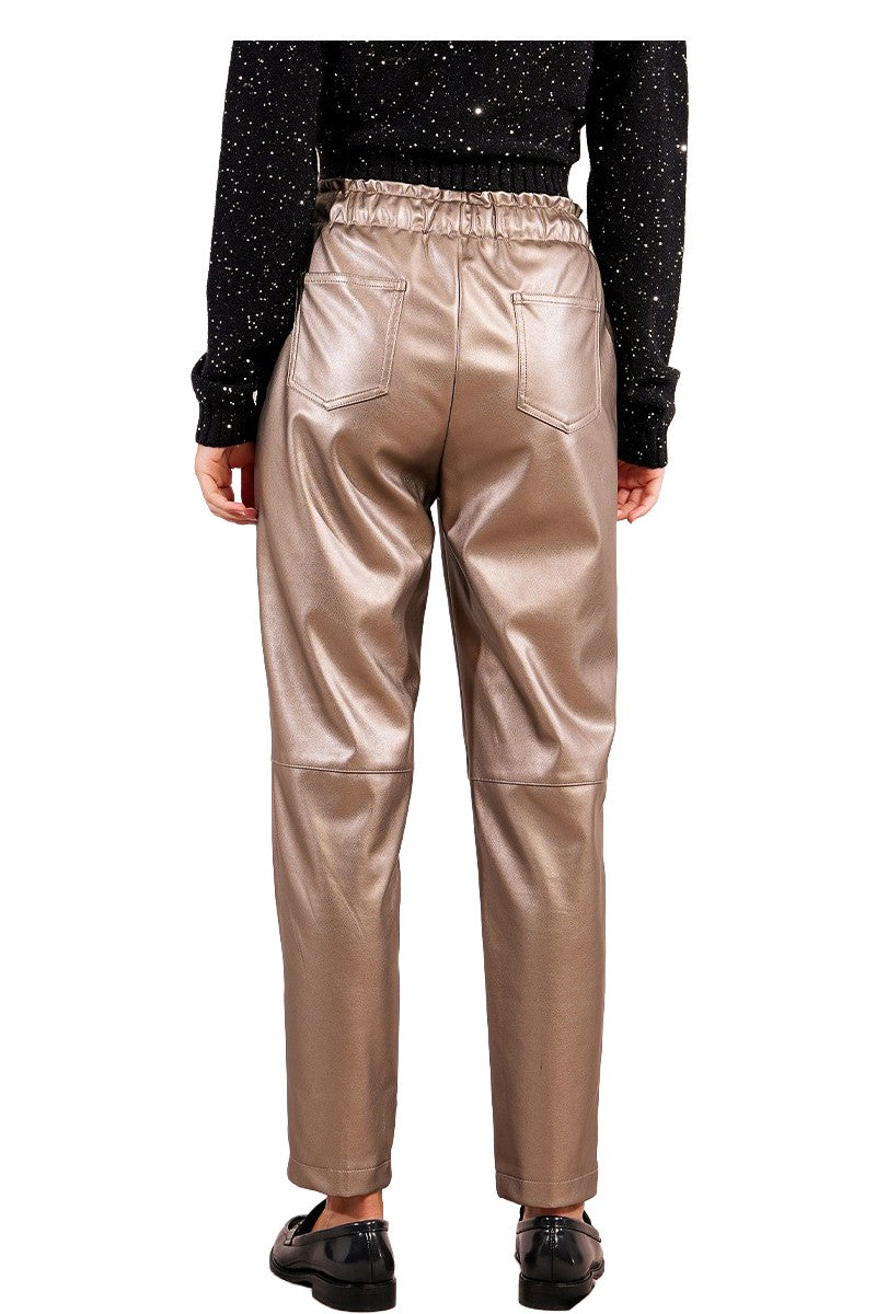 MOLLY BRACKEN pantalone donna ecopelle bronzo jogger vita alta T13696DH