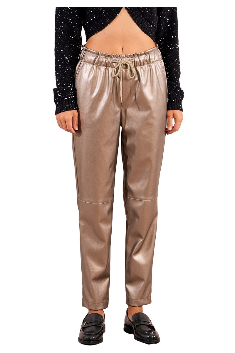 MOLLY BRACKEN pantalone donna ecopelle bronzo jogger vita alta T13696DH