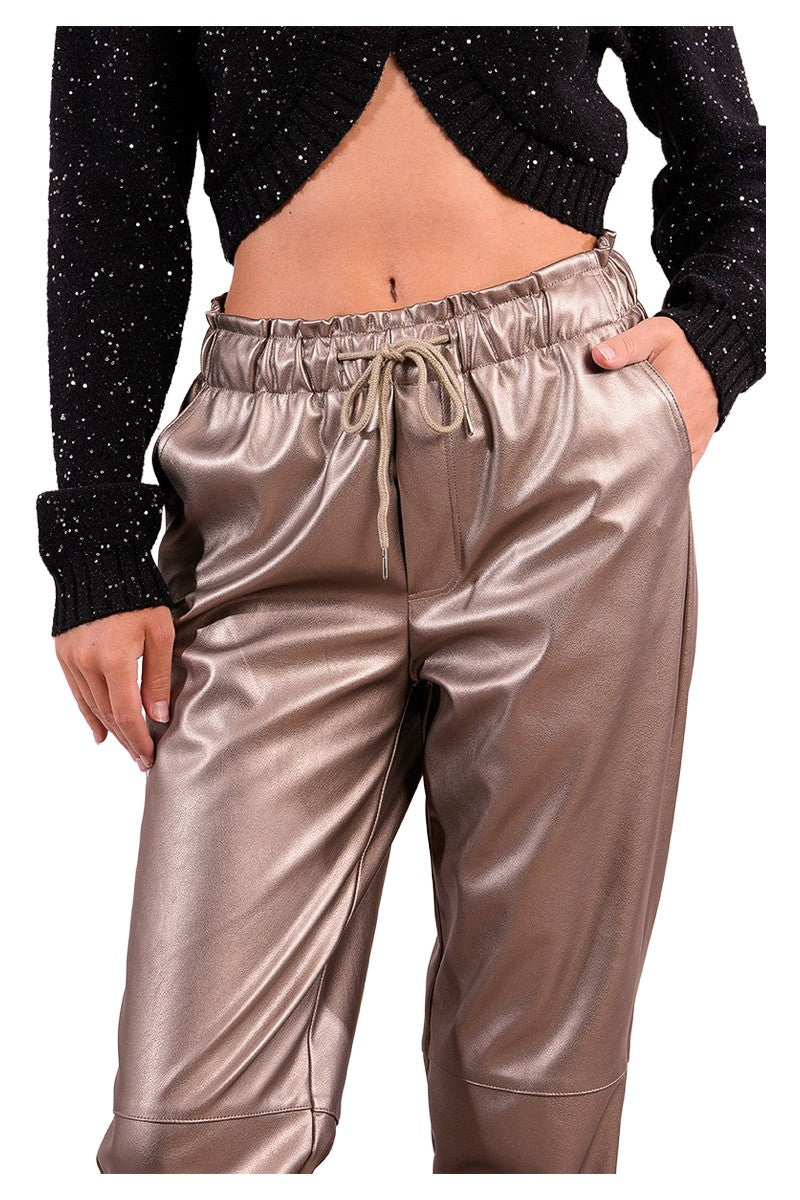 MOLLY BRACKEN pantalone donna ecopelle bronzo jogger vita alta T13696DH