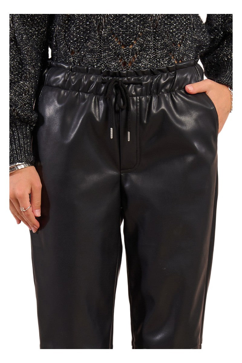 MOLLY BRACKEN pantalone donna ecopelle nero jogger vita alta T13696DH