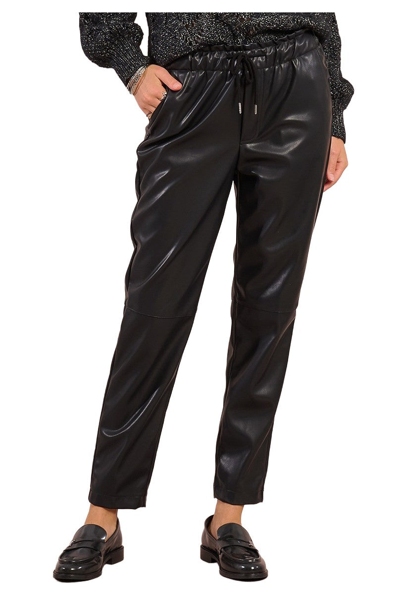 MOLLY BRACKEN pantalone donna ecopelle nero jogger vita alta T13696DH