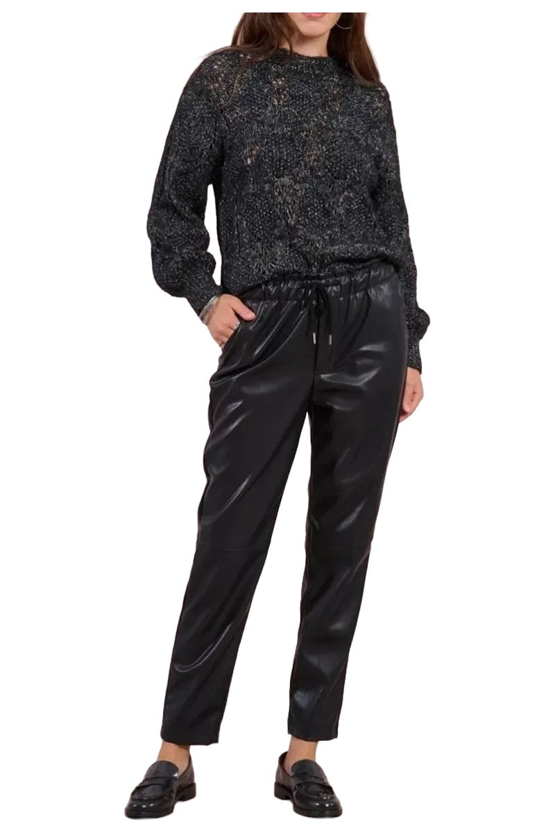 MOLLY BRACKEN pantalone donna ecopelle nero jogger vita alta T13696DH
