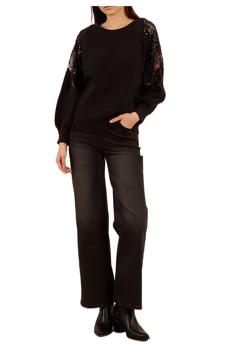 Molly Bracken Maglia Donna Nera con Spalle in Pizzo Traforato e Strass – LA1819DH