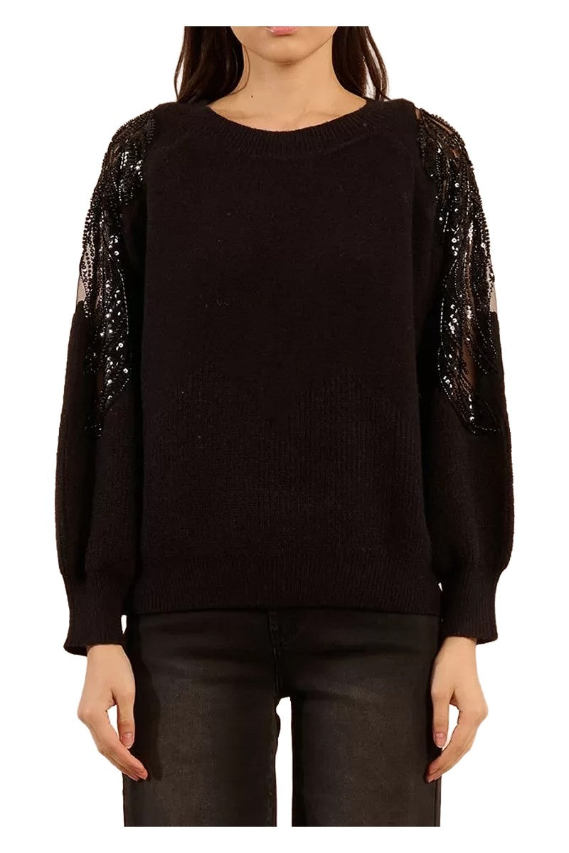 Molly Bracken Maglia Donna Nera con Spalle in Pizzo Traforato e Strass – LA1819DH