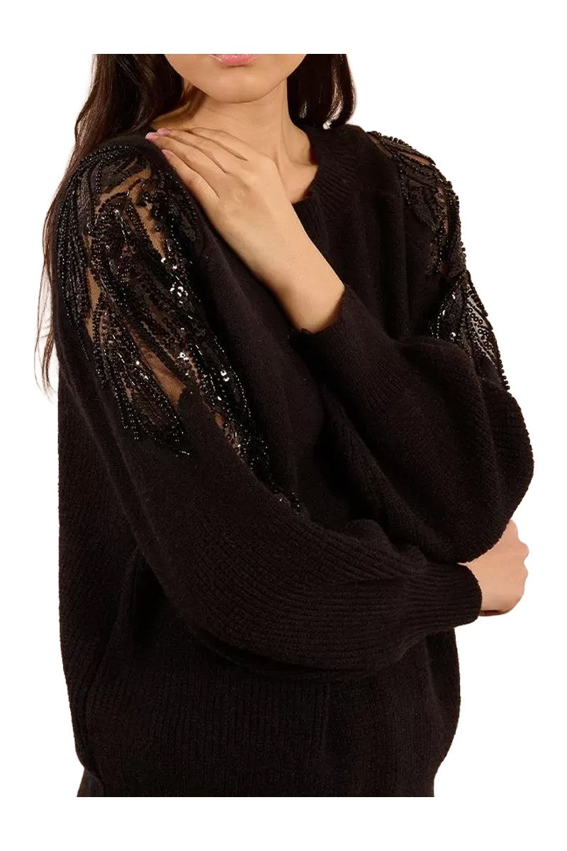 Molly Bracken Maglia Donna Nera con Spalle in Pizzo Traforato e Strass – LA1819DH