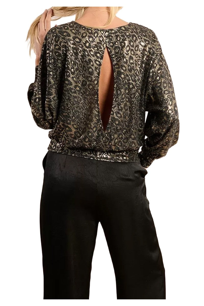 Molly Bracken top lamé leopardato nero oro schiena aperta MW119DH