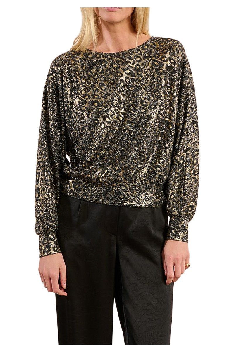 Molly Bracken top lamé leopardato nero oro schiena aperta MW119DH