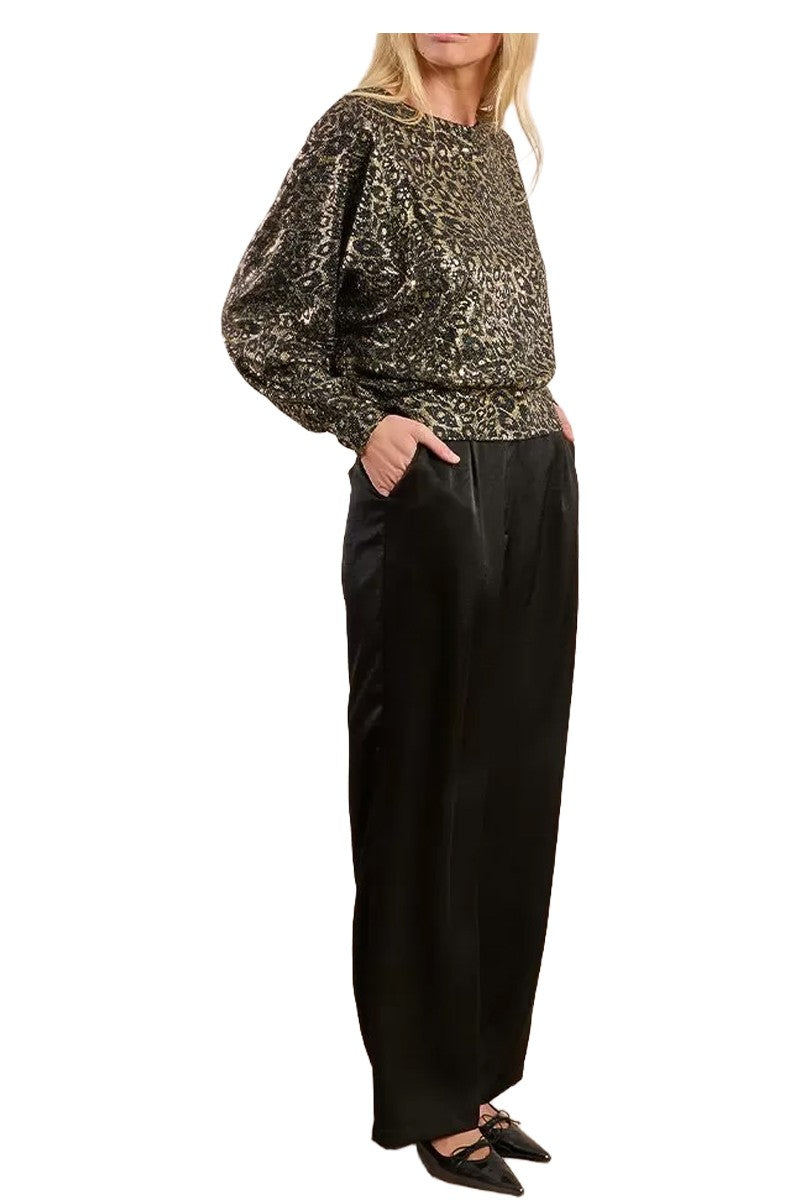 Molly Bracken top lamé leopardato nero oro schiena aperta MW119DH