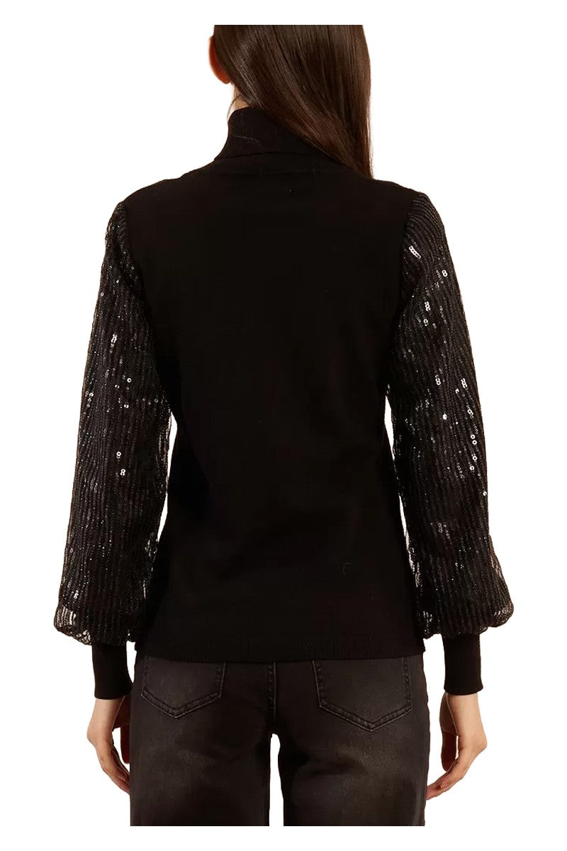 Molly Bracken Maglia Donna Collo Alto Nera con Maniche in Tulle e Paillettes – LA1835DH