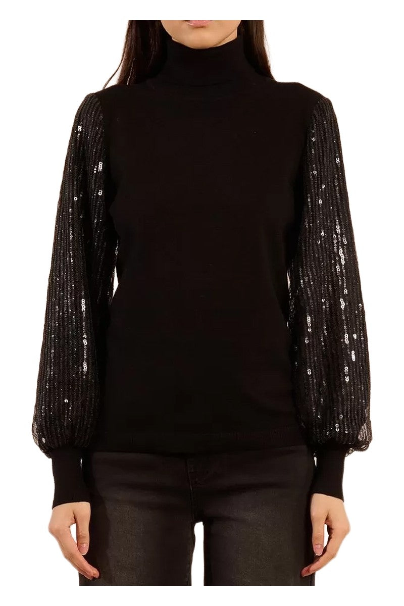 Molly Bracken Maglia Donna Collo Alto Nera con Maniche in Tulle e Paillettes – LA1835DH