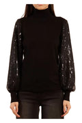 Molly Bracken Maglia Donna Collo Alto Nera con Maniche in Tulle e Paillettes – LA1835DH