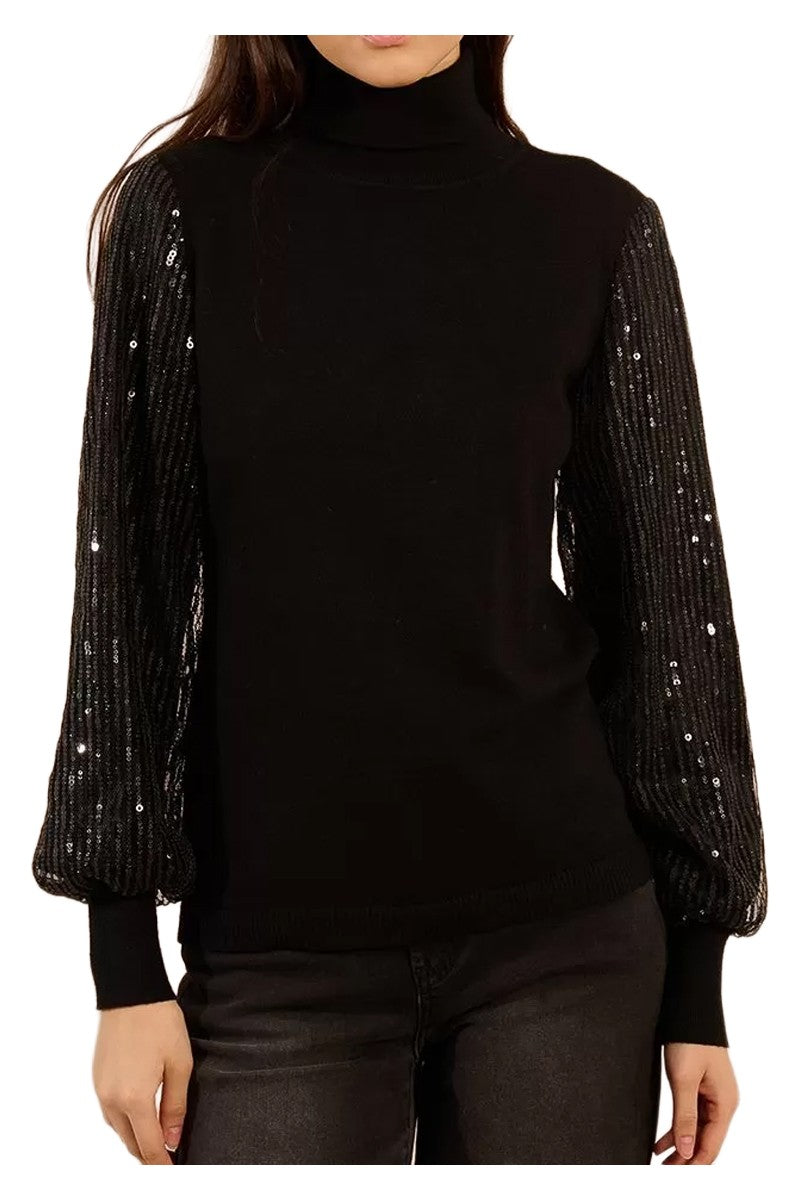 Molly Bracken Maglia Donna Collo Alto Nera con Maniche in Tulle e Paillettes – LA1835DH