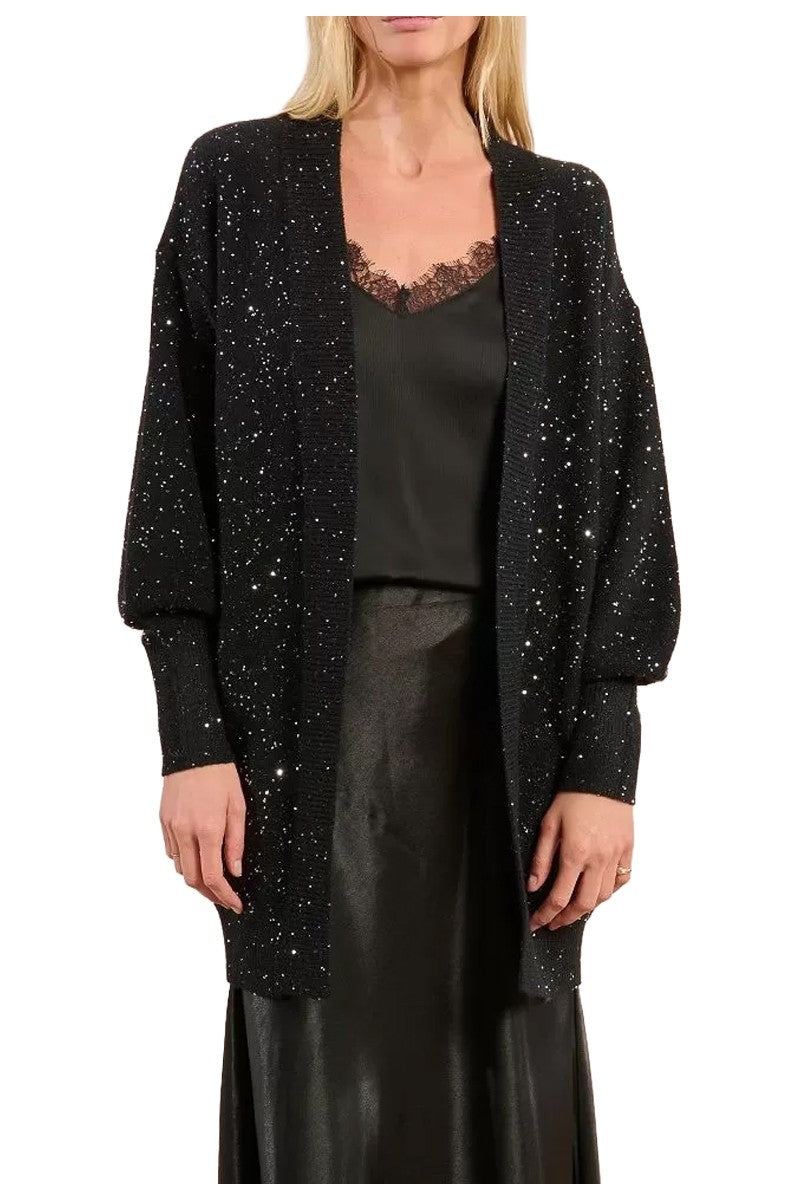 Molly Bracken Cardigan Donna Lungo Nero Aperto con Strass/Paillettes – LAW131DH