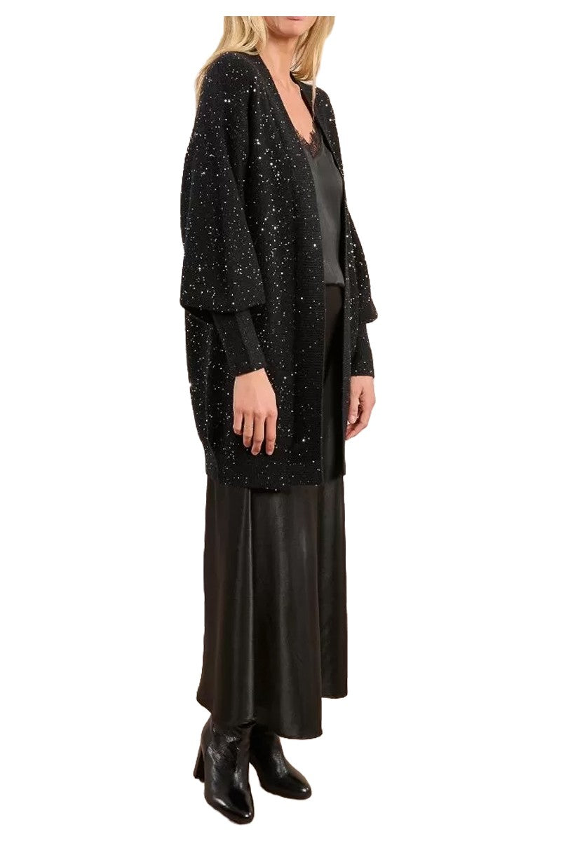 Molly Bracken Cardigan Donna Lungo Nero Aperto con Strass/Paillettes – LAW131DH
