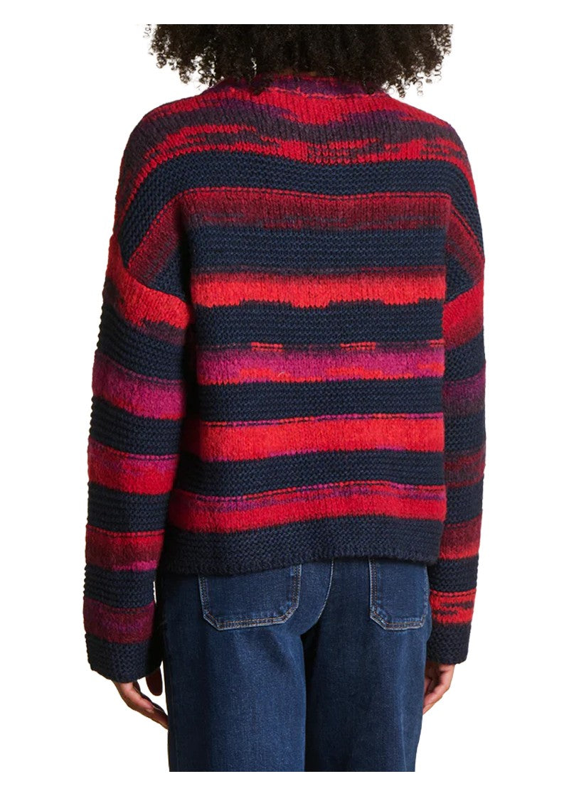 LA FEE MARABOUTEE Maglia Donna a Righe Blu/Rosso Girocollo ELOTE – Lana & Alpaca (Lunghezza 53 cm)