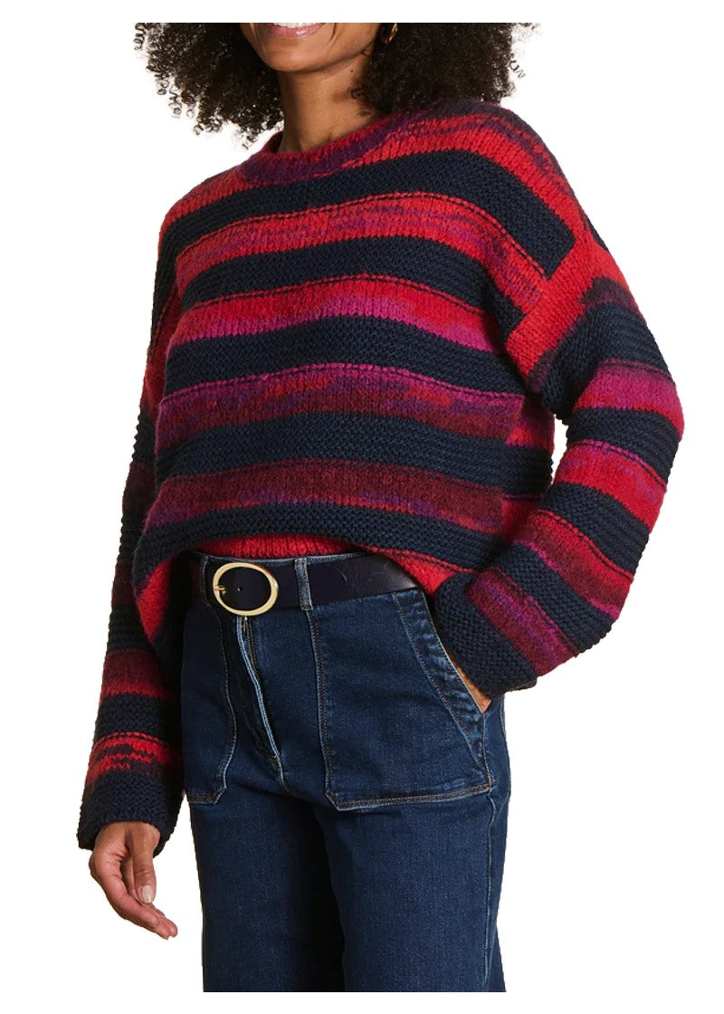 LA FEE MARABOUTEE Maglia Donna a Righe Blu/Rosso Girocollo ELOTE – Lana & Alpaca (Lunghezza 53 cm)