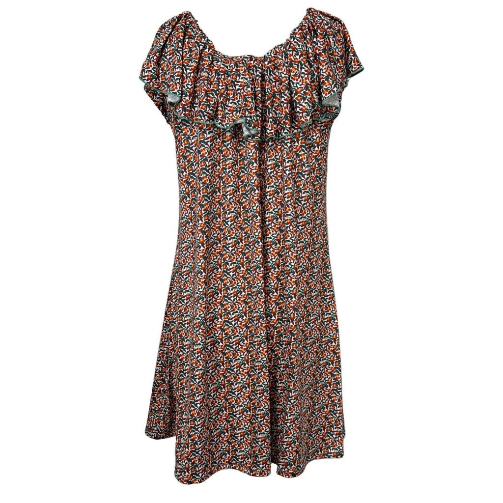 Abito donna elasticizzato JUSTMINE con scollo con volant emerald/orange/lila E2746 8028 Made in Italy