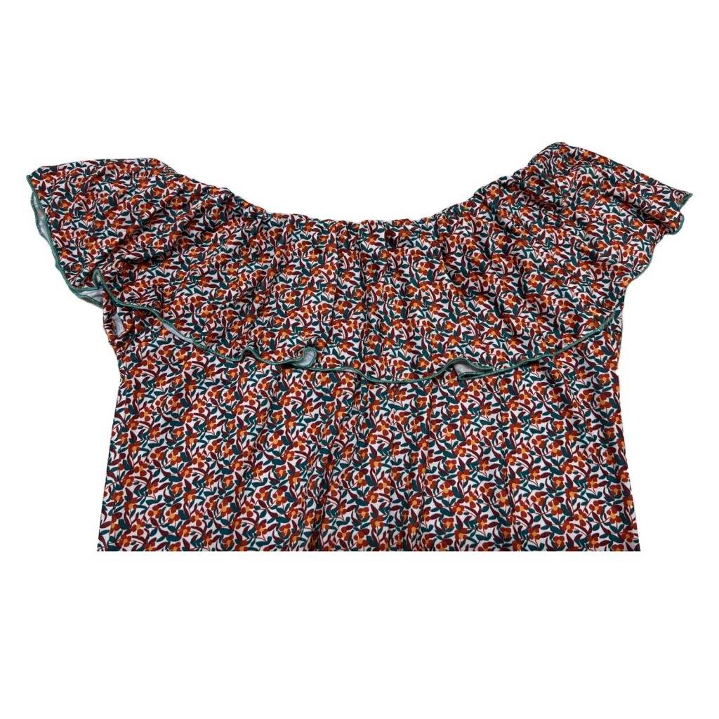 Abito donna elasticizzato JUSTMINE con scollo con volant emerald/orange/lila E2746 8028 Made in Italy